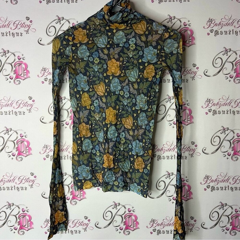 Acne studios long sleeve turtleneck mesh floral Gold and Blue Fitted stretchy